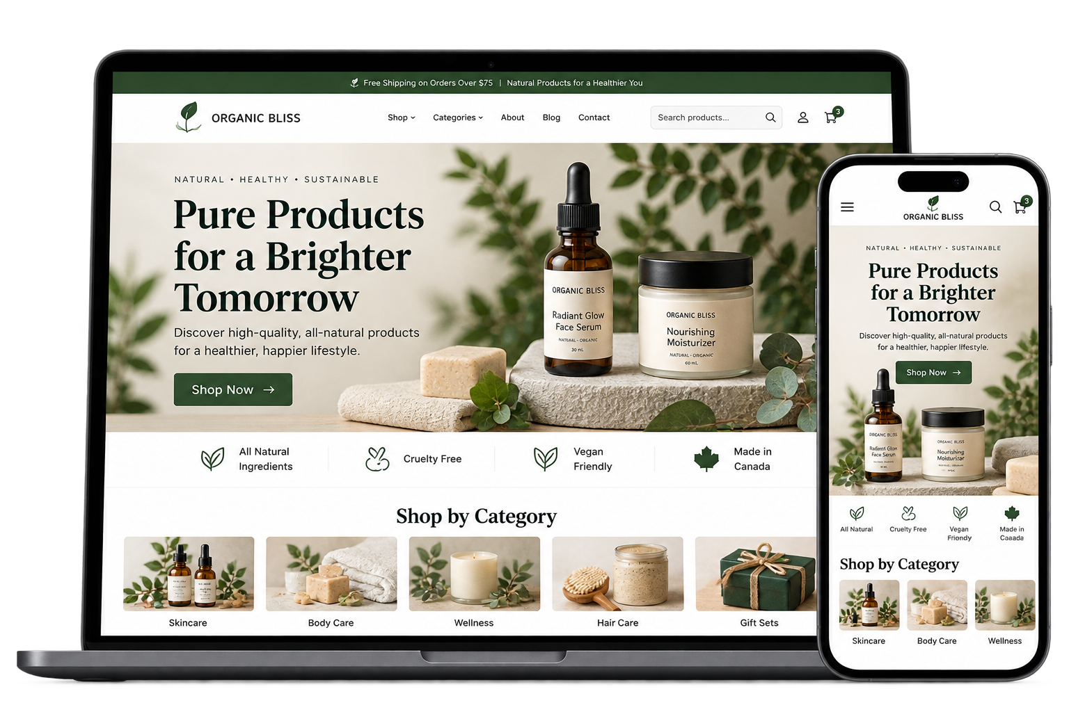 Illustrative responsive ecommerce website design shown on desktop and mobile devices