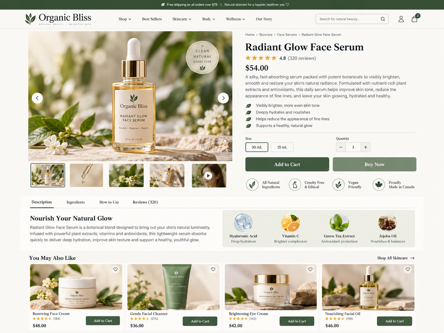 Illustrative ecommerce product detail page with product photography, reviews, purchase options and related products