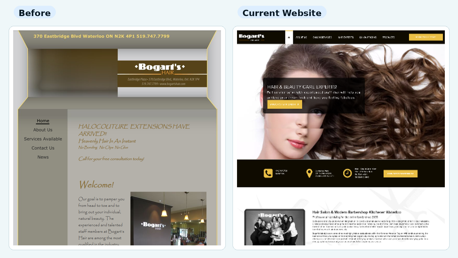 Bogarts Hair Salon website before redesign compared with current website