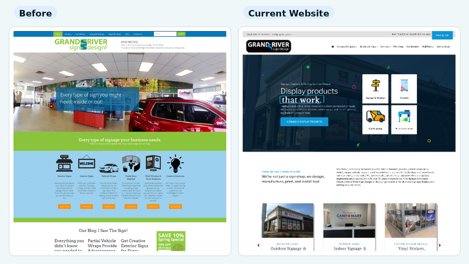 Grand River Sign Design website before redesign compared with current website