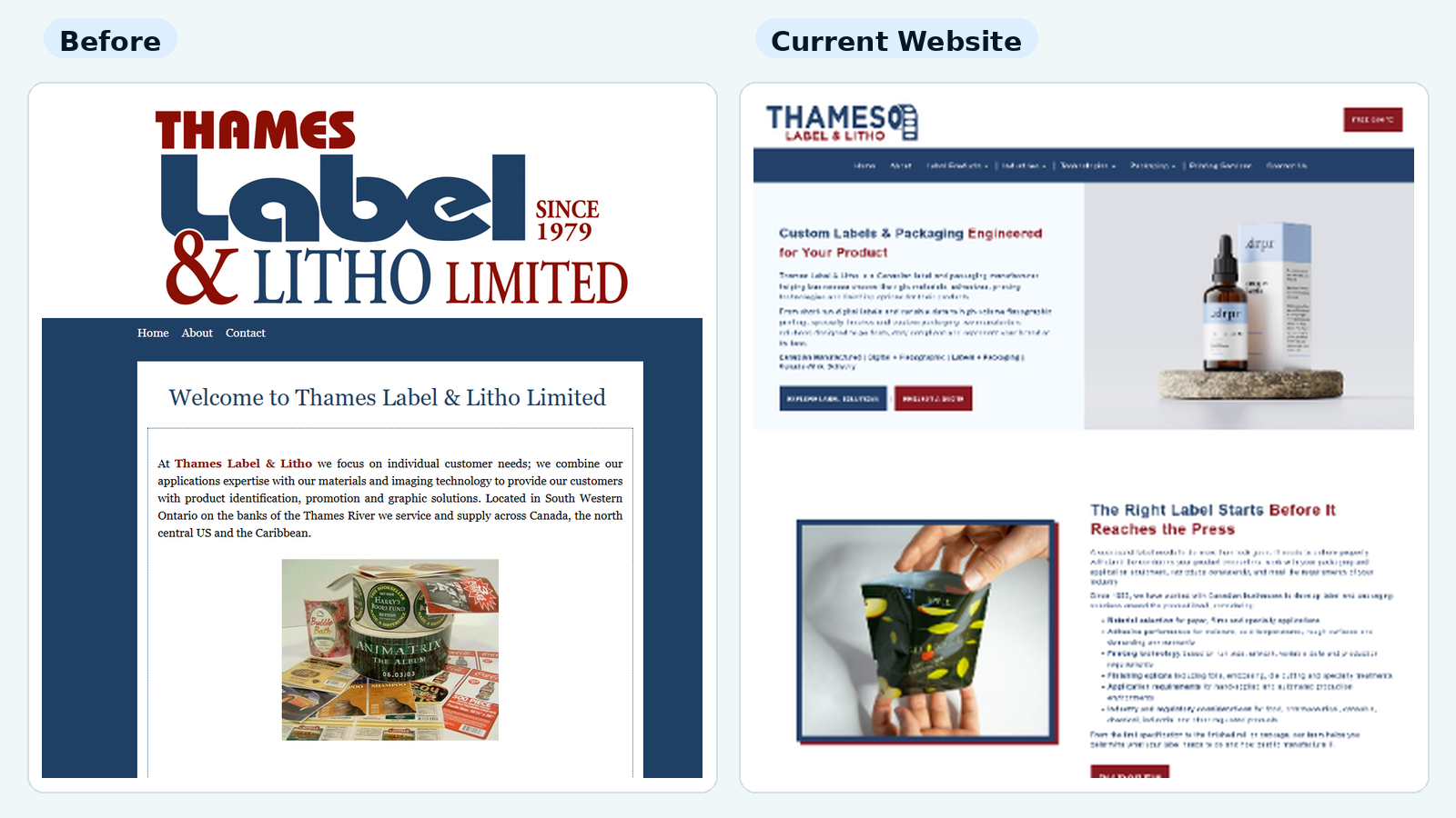Thames Label and Litho website before redesign compared with current website